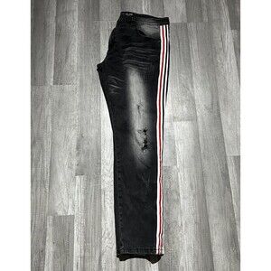 Kilogram Mens Distressed Side Stripe Jeans Black Red White Streetwear Size 42